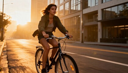 Sunrise Urban Scene with Young Woman Riding a City Bicycle Through Empty Street