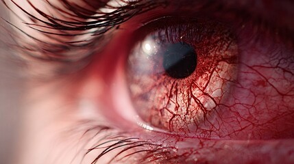 Human eye with sclera covered in prominent red veins, indicating a severe bloodshot condition, depicting irritation, infection, or a medical emergency in a detailed macro close up