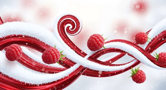 Red swirling lines with snow and raspberries. Abstract winter background for holiday themed design and seasonal promotion. Festive fruit concept.