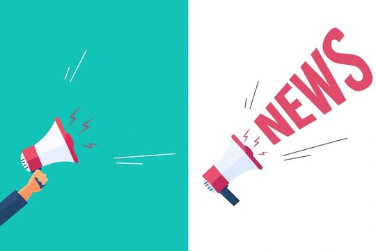 Hand holding a megaphone announcing news and updates with sound waves and text on a split background