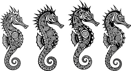 Intricate black and white seahorse vector set with decorative patterns, marine animal illustration for tattoo, coloring, and design projects.