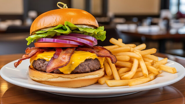 A mouth-watering bacon cheeseburger with fresh lettuce, tomato, and onion, served with a side of crispy golden french fries on a white plate in a restaurant setting. - Powered by Adobe