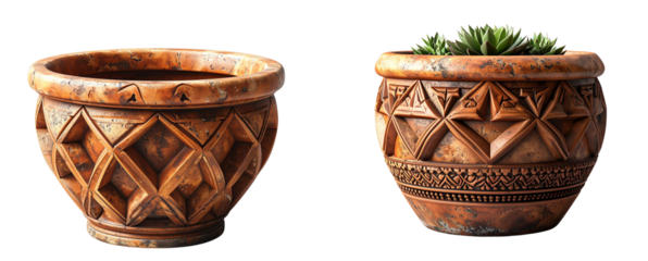Wide Geometric Terracotta Planter with Carved Angular Pattern – PNG Transparent