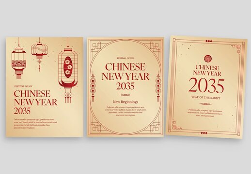 Chinese New Year Poster Flyer Template in Red & Gold with Asian Lantern, Border & Frame Vector
