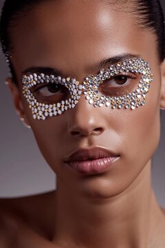 Creative beauty shot featuring rhinestones around the eyes of a model with flawless skin in a studio setting