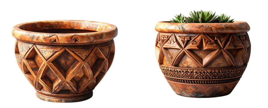 Wide Geometric Terracotta Planter with Carved Angular Pattern – PNG Transparent