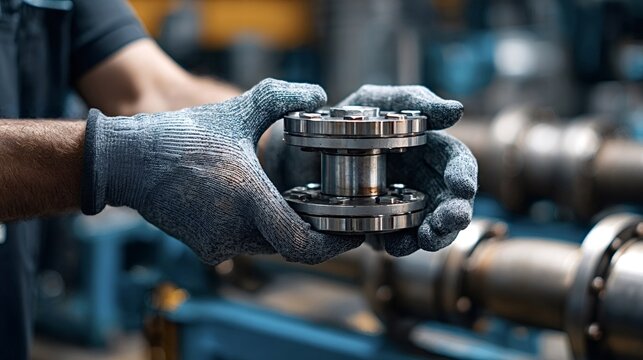 Factory worker wearing protective work gloves holding a precision machined metal part, checking quality and fit during manufacturing or assembly in an industrial setting