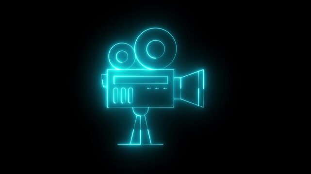 glowing Neon cinema camera icon isolated on black background. Video camera icon animation. Movie sign. Film projector. camera frame photography icon animation. neon Video camera symbol video footage.