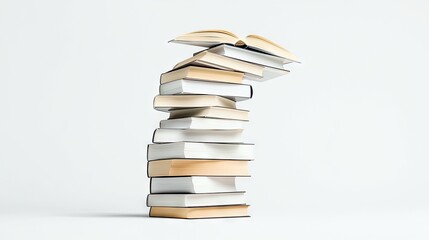 A tall, uneven stack of hardcover books, some open and some closed, arranged against a clean white background. The lighting is bright and even, creating a minim