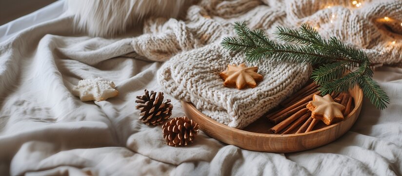Scandinavian winter holiday flatlay with wooden knit, cookies, pine branches and cozy textures, ideal for lifestyle blogs and warm Christmas seasonal visuals.