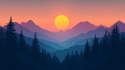 Obraz premium Vibrant sunset over layered mountains and silhouetted pine forest