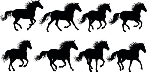 Silhouette vector illustration of galloping horses in motion, dynamic animal poses for equine art, animation, and movement study design.