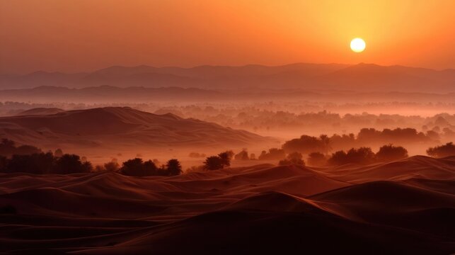Sunrise over misty desert dunes