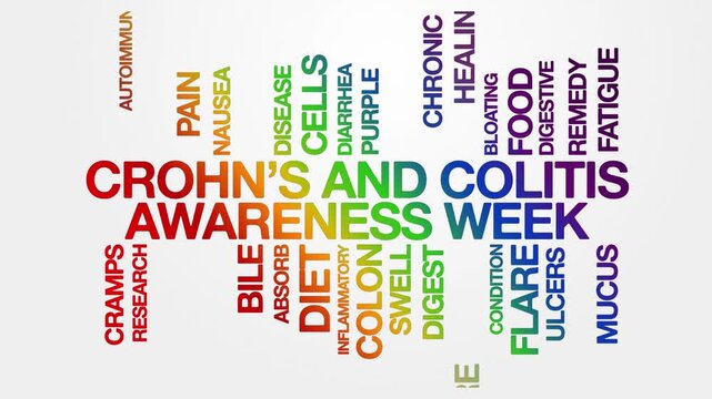 crohn's and colitis awareness week concept Animated Tag Word Cloud kinetic typography, Text Design Animation typography seamless loop video motion graphics Intro, Wordart rainbow type on white bg 