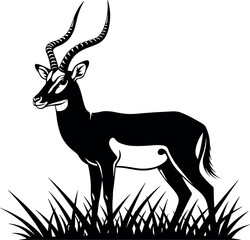 Stylized black and white antelope illustration with curved horns standing in tall grass, perfect for wildlife, nature, and safari themes.