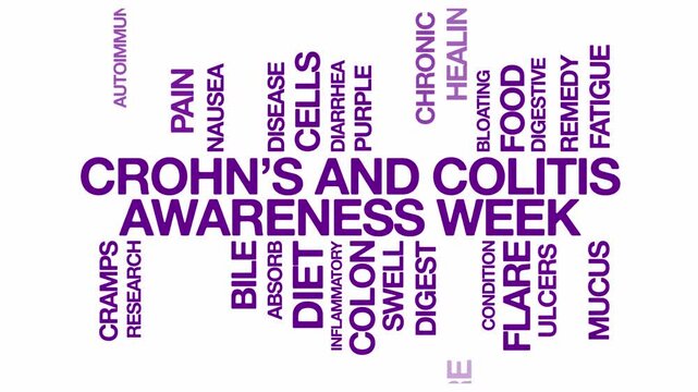 crohn's and colitis awareness week concept Animated Tag Word Cloud kinetic typography, Text Design Animation typography seamless loop video motion graphics Intro, Wordart purple violet type on white 