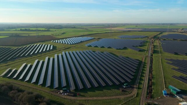 Aerial view of solar farm with rows of dark panels catching the sunlight amid the green fields and blue skies, Newmarket, England, United Kingdom.