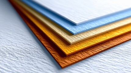 A close-up, angled view of five stacked sheets of textured paper. The sheets are arranged diagonally, fanning out from the bottom right corner towards the top l
