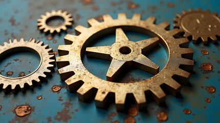 Explore vintage mechanical gears with rustic texture and golden finish for industrial design inspiration