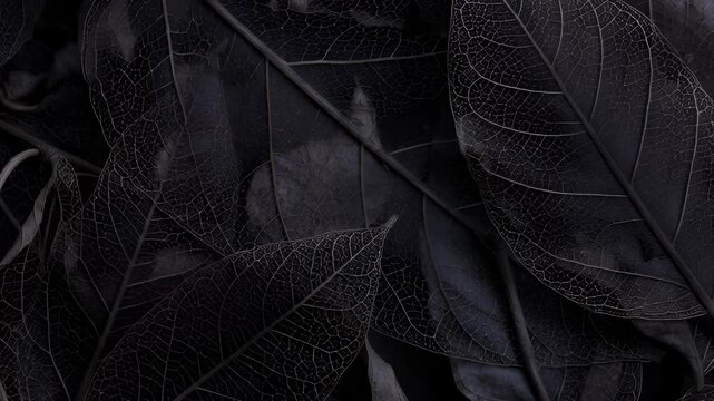 Dark black dead skeleton leaves background with decay texture. Concept of gothic horror atmosphere, sad grief emotion, halloween mystery and autumn nature, 4K footage. 