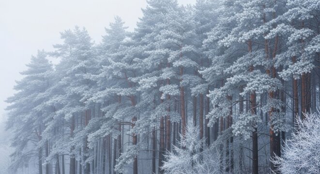 Snow covered pine trees create a serene winter landscape in a foggy forest environment