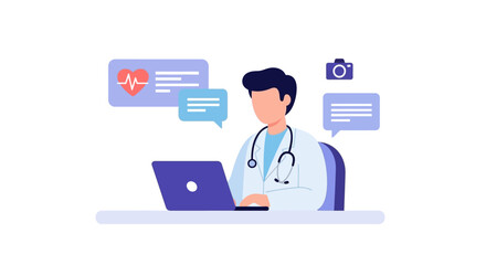 Telemedicine concept with a doctor providing online medical consultation and support via laptop, illustrating virtual healthcare delivery and digital patient services