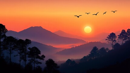 Serene mountain landscape at sunset with birds silhouetted against a vibrant orange sky