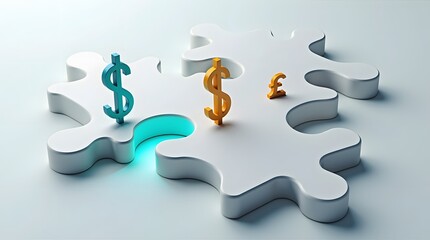 Global finance puzzle featuring the American dollar, euro, and British pound for investment opportunities