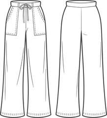 Wide-leg pants technical sketch, fashion illustration, front and back view, garment template, apparel drawing, clothing mockup, vector design, style