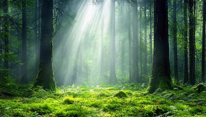 Sunbeams pierce through the dense green canopy of a forest, casting ethereal light onto the moss-covered ground and tree trunks. The scene is serene and vibrant