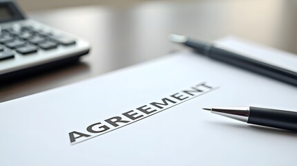 Flat lay of signed agreement, pen, and calculator on desk