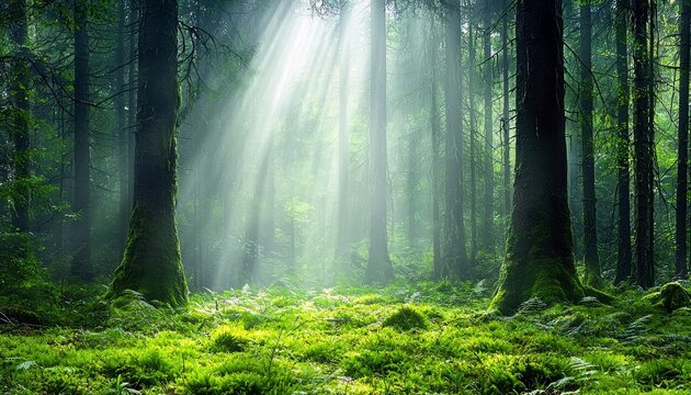 Sunbeams pierce through the dense green canopy of a forest, casting ethereal light onto the moss-covered ground and tree trunks. The scene is serene and vibrant