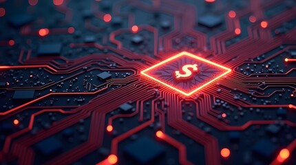 Abstract design of glowing circuit board with currency symbols