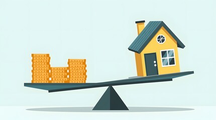 Illustration of scale balancing coins and house, finance vs property concept