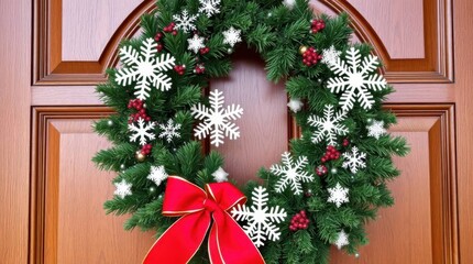Festive christmas wreath adorned with snowflakes and a vibrant red bow hanging on a wooden door for holiday cheer