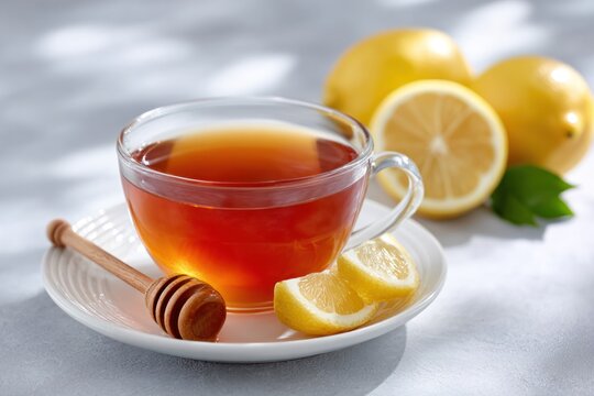 A Sip of Sunshine: A warm, inviting cup of tea, accompanied by the bright zest of a lemon, invites you to a moment of pure relaxation and rejuvenation. This image evokes feelings of comfort, health.