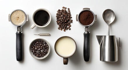 Coffee making ingredients and tools flat lay coffee beans