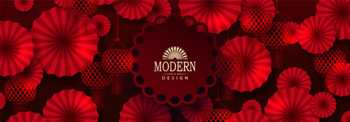 Chinese New Year. 2026. Exquisite textured background with red pattern and round figured frame.