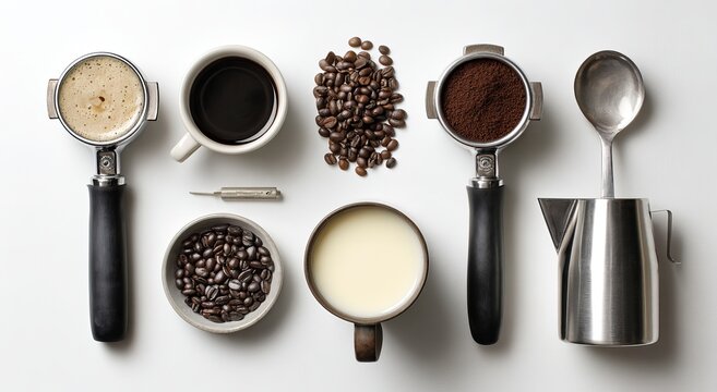 Coffee making ingredients and tools flat lay coffee beans