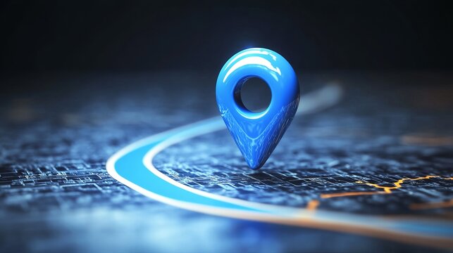 Blue location pin on a digital map with a glowing path forward - Powered by Adobe