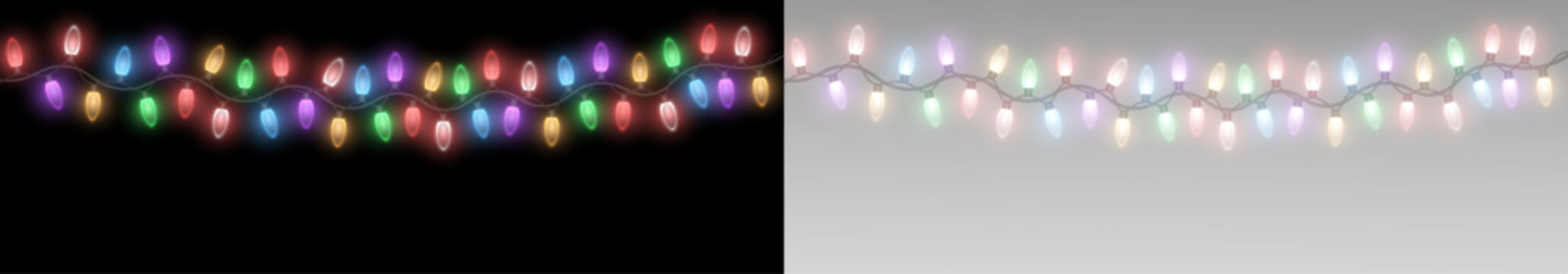 Holiday LED lights and garland chains on a festive background. Colorful decorations with glowing effects.