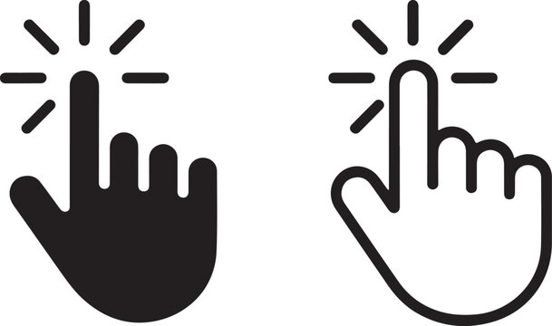 Two Hand Icons Pointing Finger, One Solid Black and One Outline, with Click Rays pointer