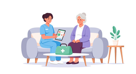 A compassionate caregiver assisting a senior patient at home, explaining health results on a digital tablet
