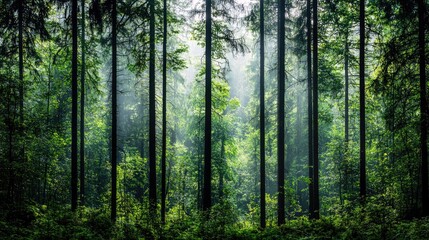 Fototapeta premium A dense forest with tall green trees. Sunlight streams through the canopy, creating an ethereal, misty atmosphere. The lush undergrowth is visible in the foregr