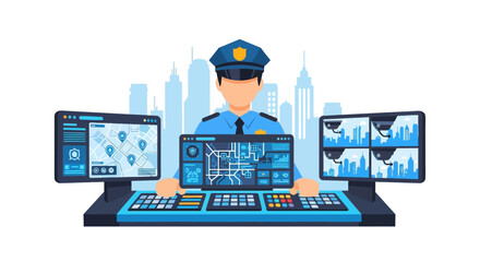 A security guard in a modern surveillance control room monitoring data analytics, location tracking, and video feeds from a central command center