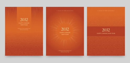 Fototapeta premium Chinese New Year Poster Flyer Template in Orange & Gold with Minimalist Asian Pattern Background
