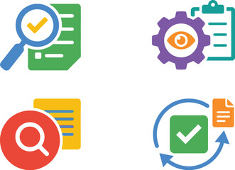 Four colorful icons representing search settings verification and data analysis on transparent background