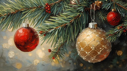 A christmas tree branch adorned with ornaments and berries in a festive holiday scene
