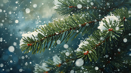A close up of a snow covered pine tree branch with falling snow against a blue background