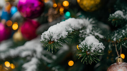 A close up of a christmas tree branch covered in snow with ornaments and lights blurred behind
